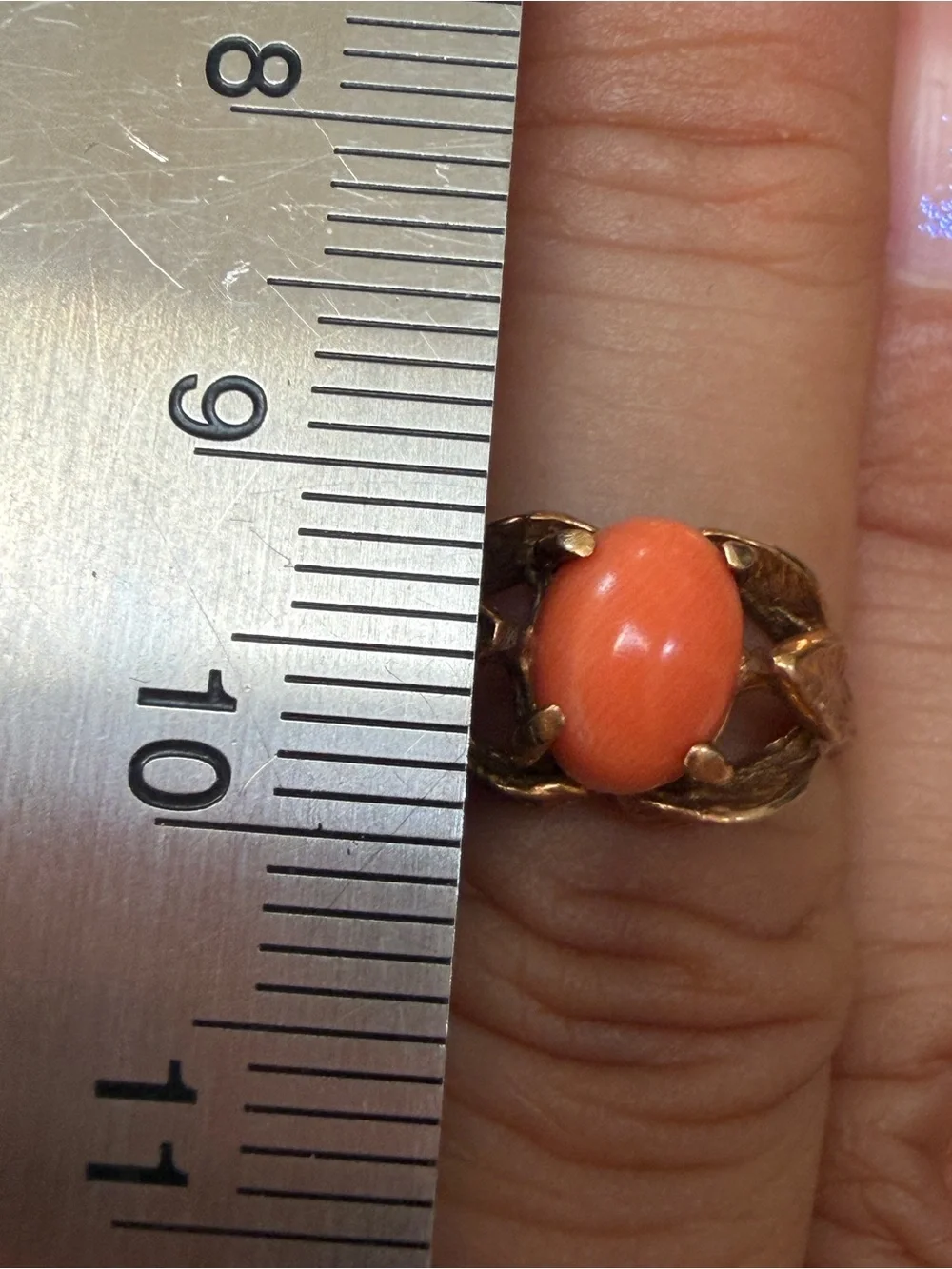 Vintage 10k salmon orange coral leaf ring